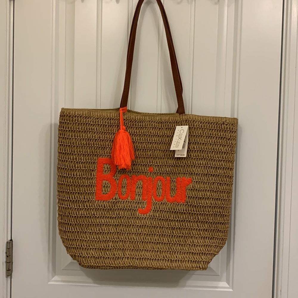 “Bonjour” Neon Orange ans Tan Soft Straw Tote
